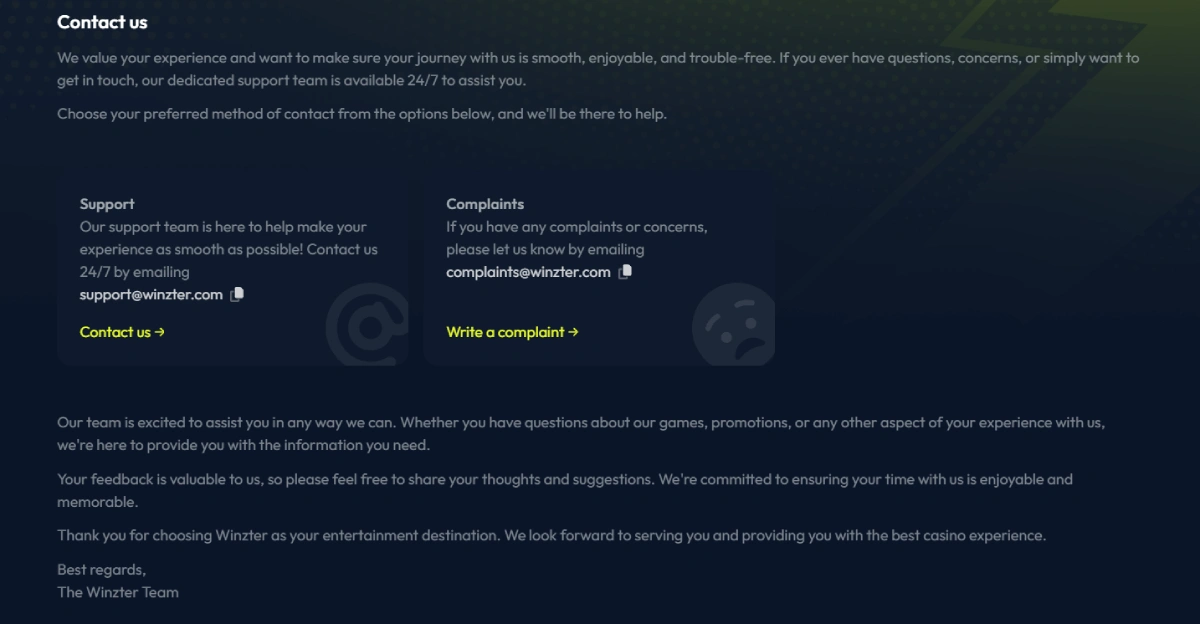 winzter casino support